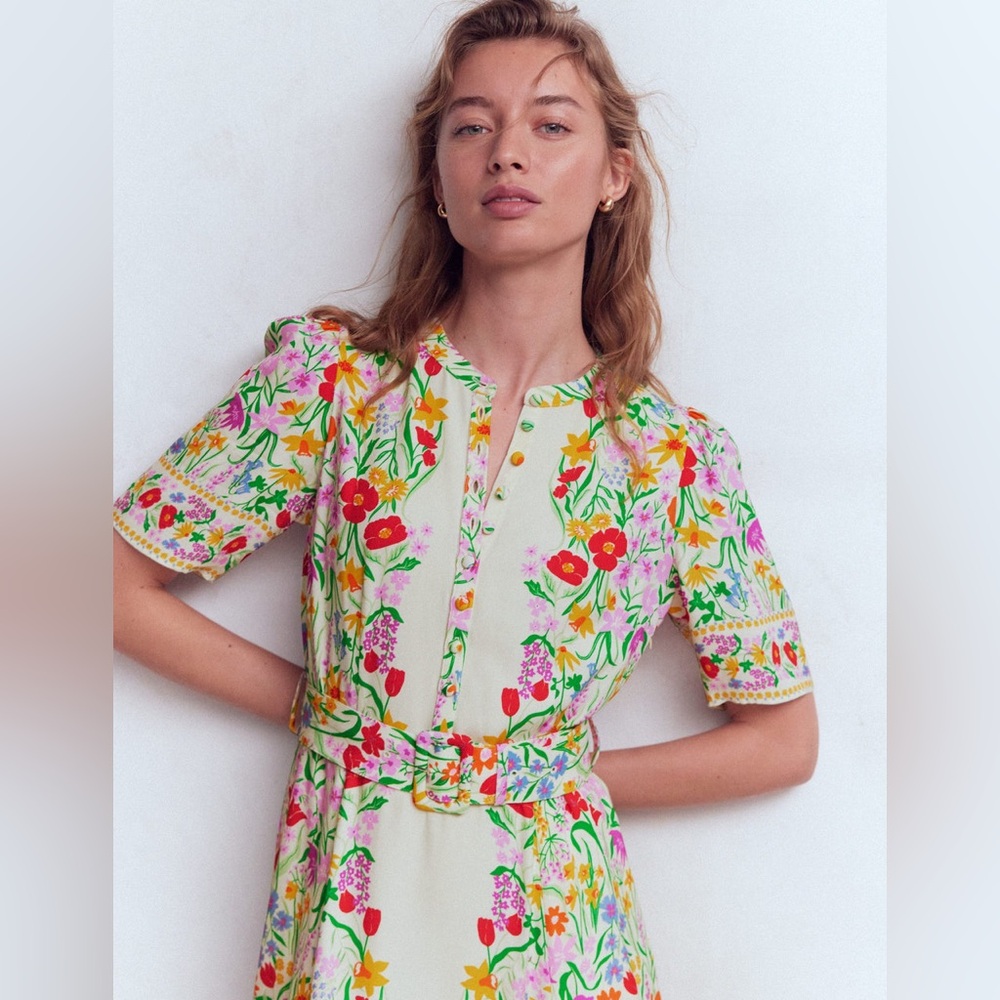 Boden Floral Midi Dress in Cream with Multicolor Print - Picture 3 of 14
